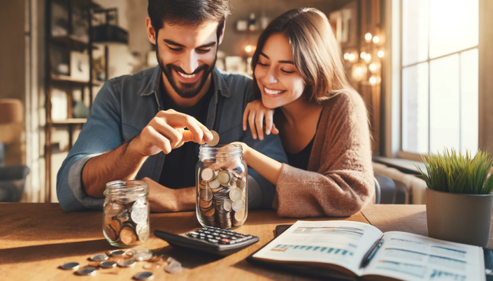 Una pareja feliz colocando monedas en un frasco para formar un fondo de emergencia.
